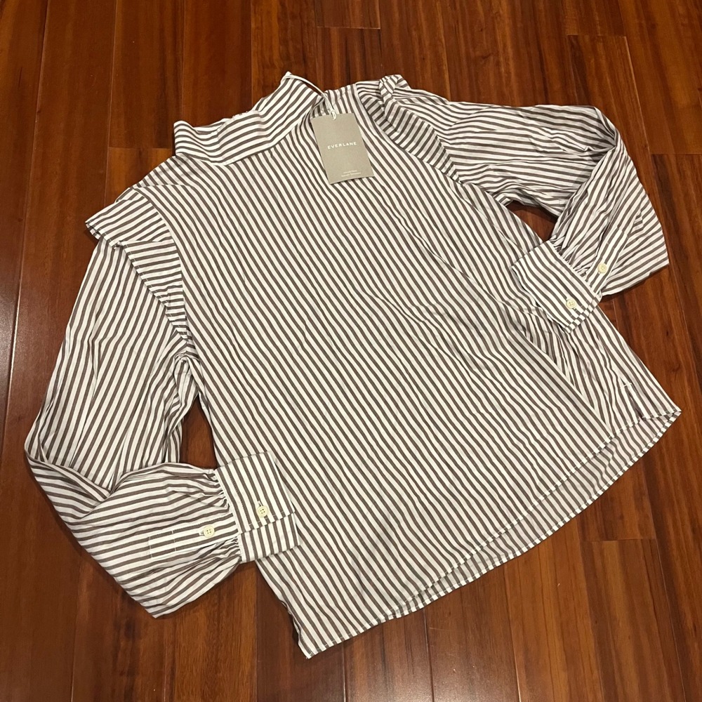 Everlane‎ Long Sleeve Top Striped Blouse Back Button Cotton Brown New Sz 6 Small